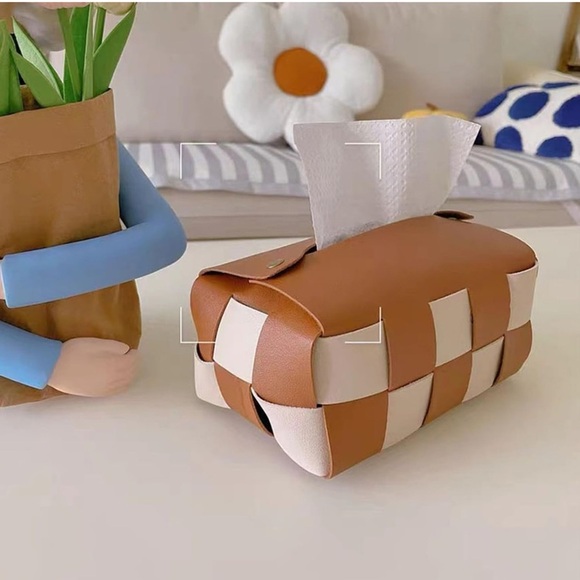 Handmade PU Leather Woven Tissue Box Cover - Modern Rectangular Holder - Picture 4 of 10